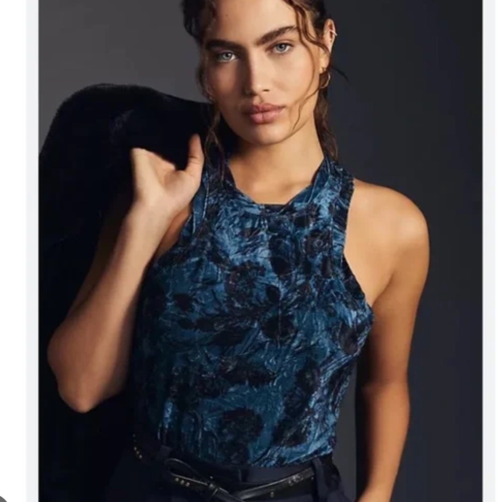 Anthropologie Pilcro Velveteen Racerback Tank in Blue Motif Floral - XL